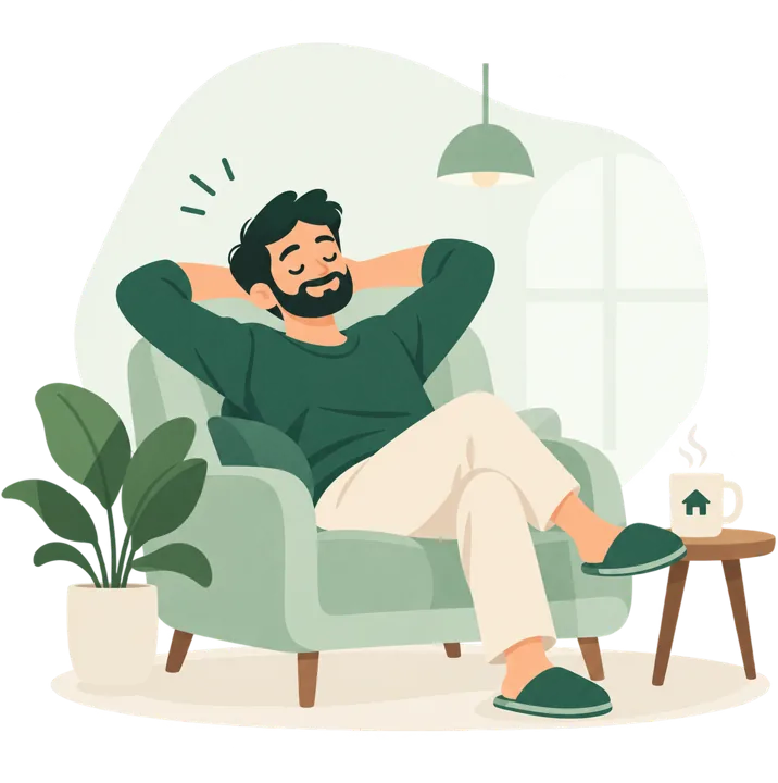 A man relaxing in an armchair at home with a cup of tea
