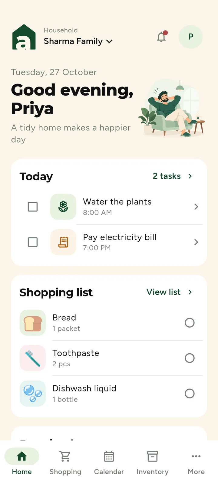 Apna Ghar Home screen: today's tasks and the shopping list for the Sharma family