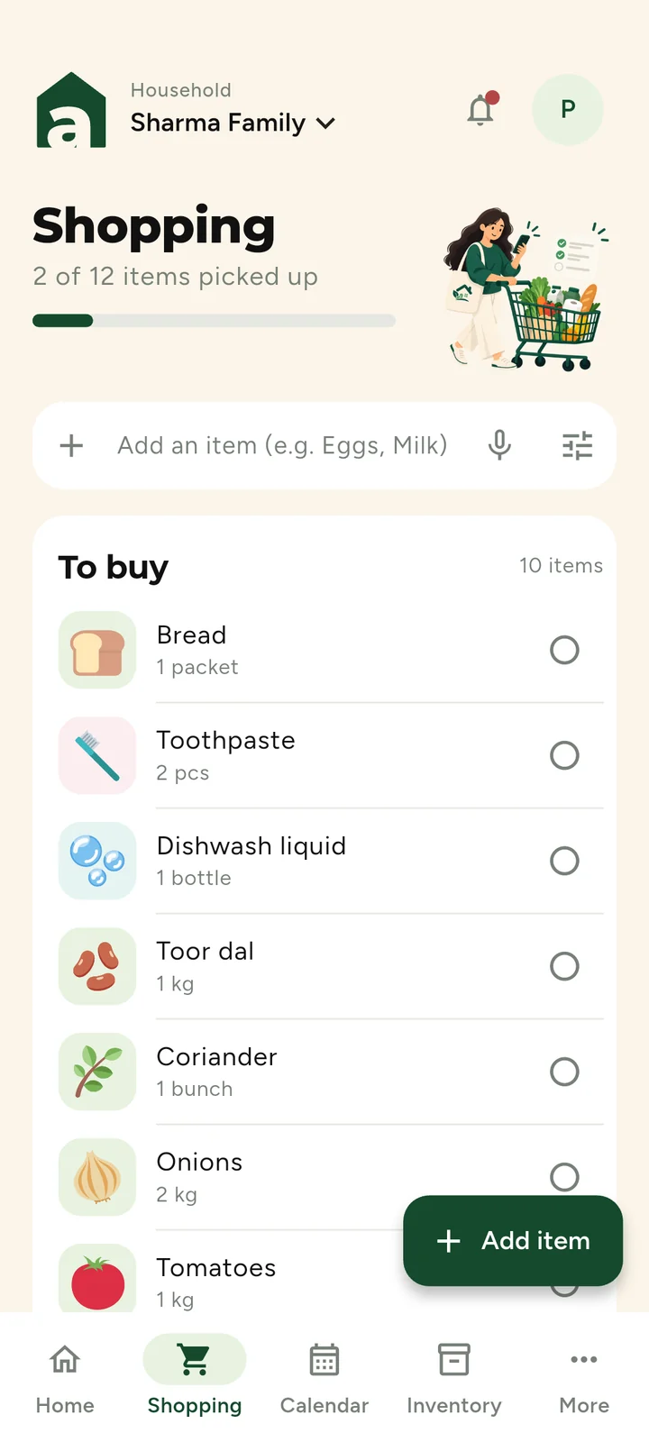 Shopping list with bread, toothpaste, dishwash liquid and toor dal to buy