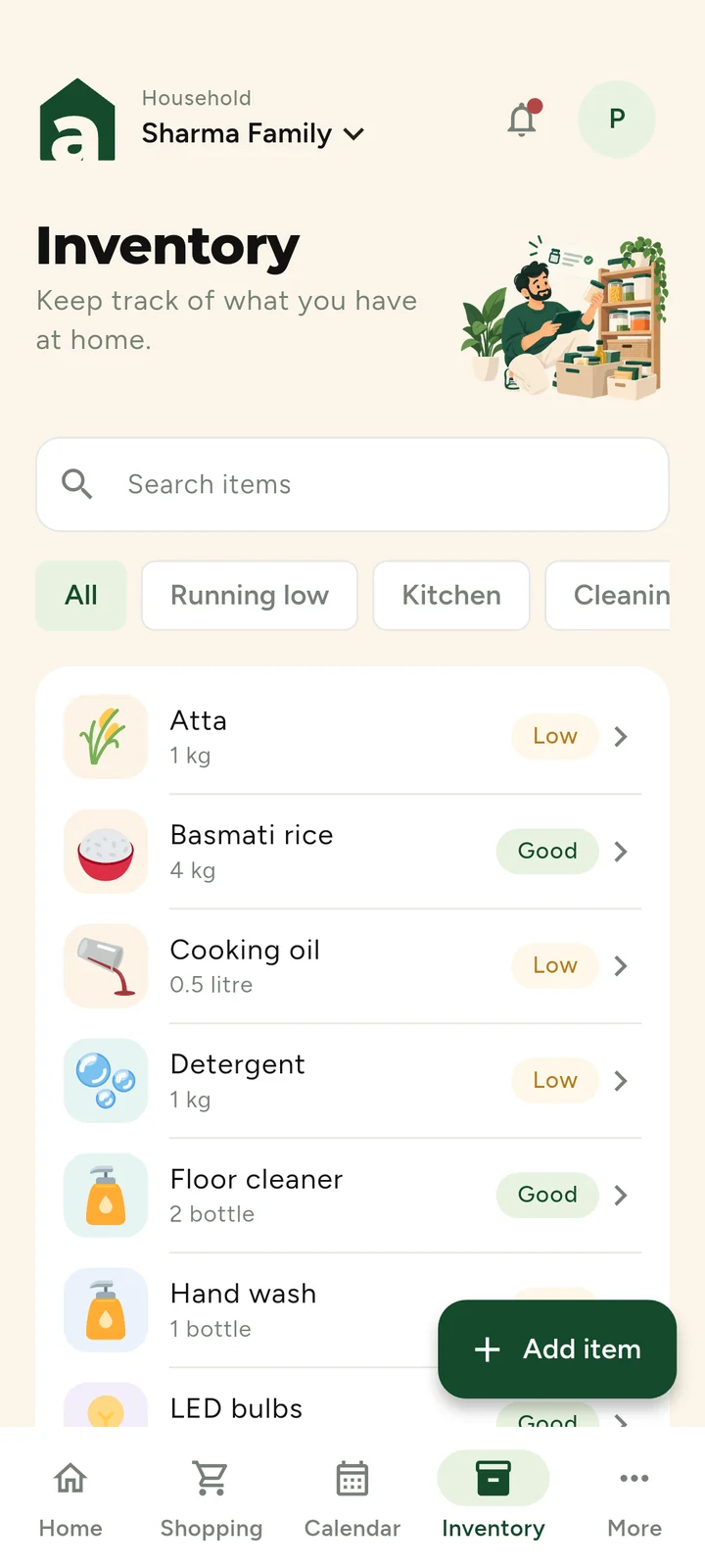 Inventory with atta, cooking oil and detergent marked low