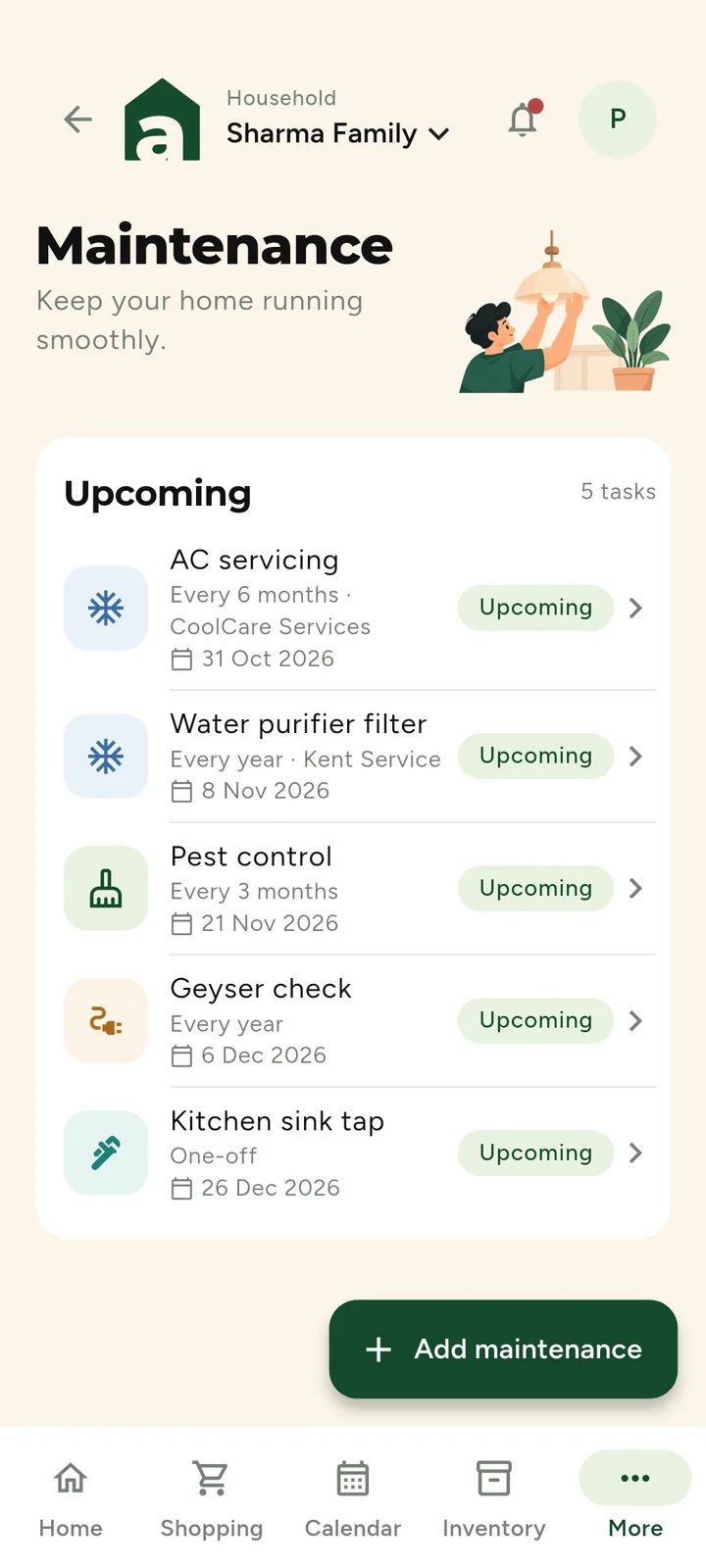 Maintenance: AC servicing, water purifier filter and pest control coming up