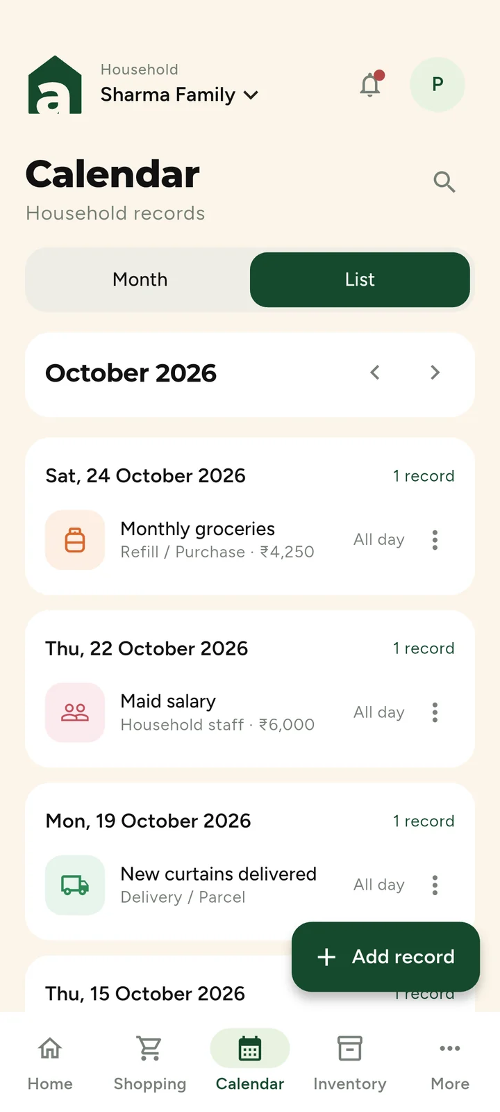 Household calendar listing monthly groceries, maid salary and a curtain delivery